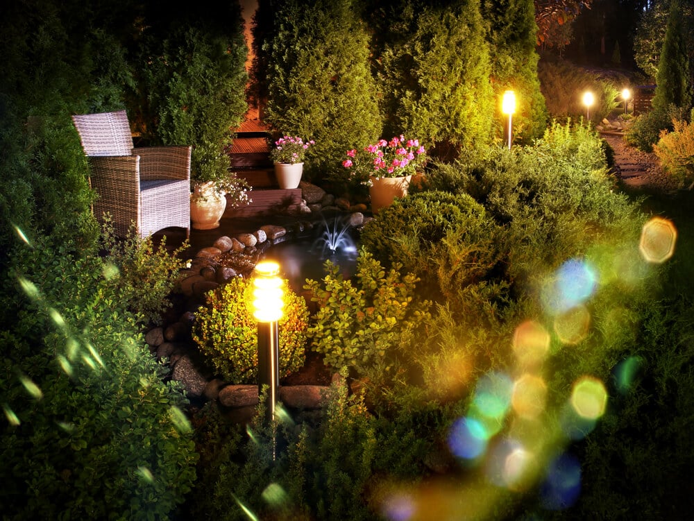 garden with outdoor lightings
