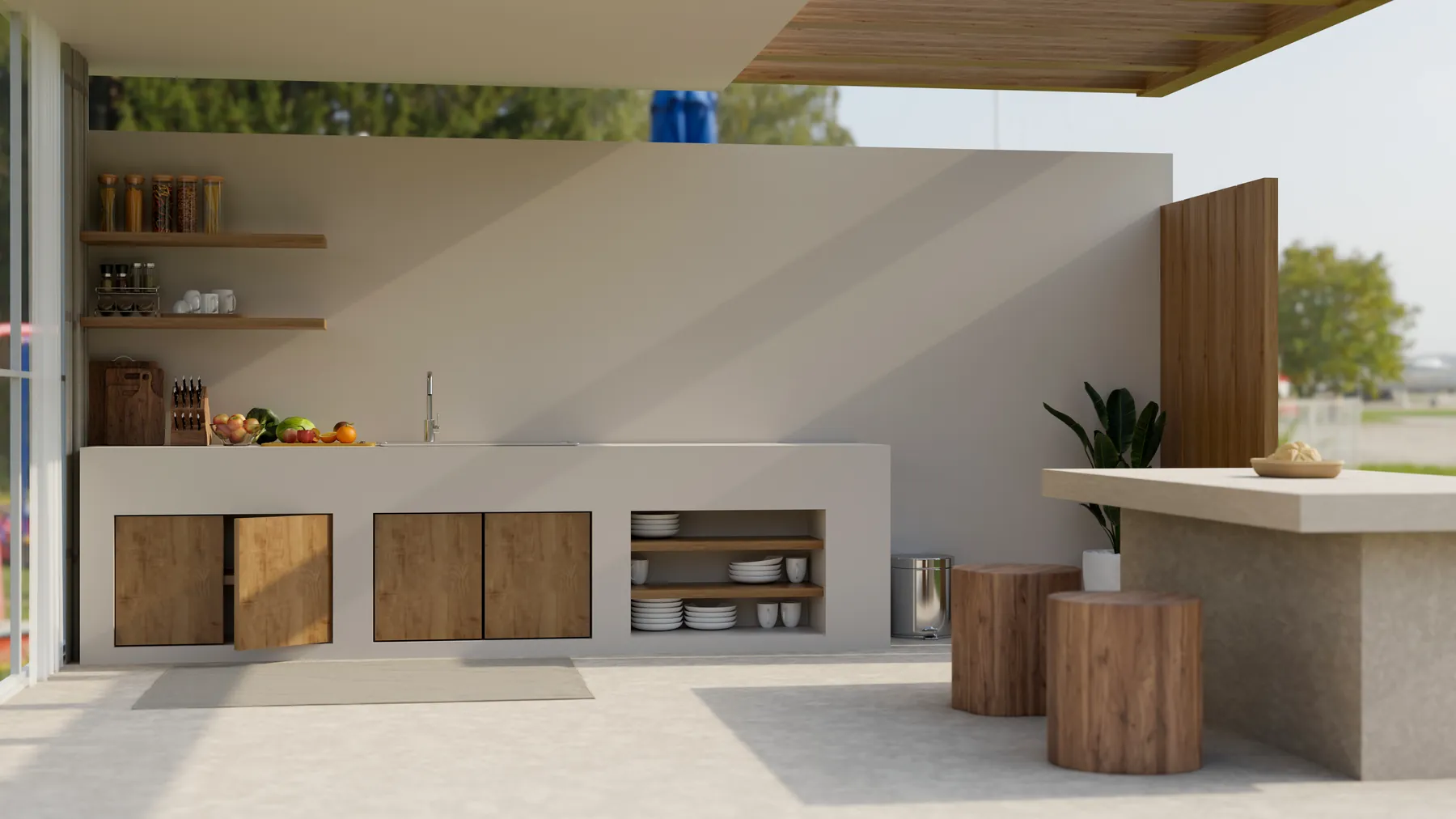Modern outdoor kitchen with a plaster counter, wood cabinet doors and open shelves