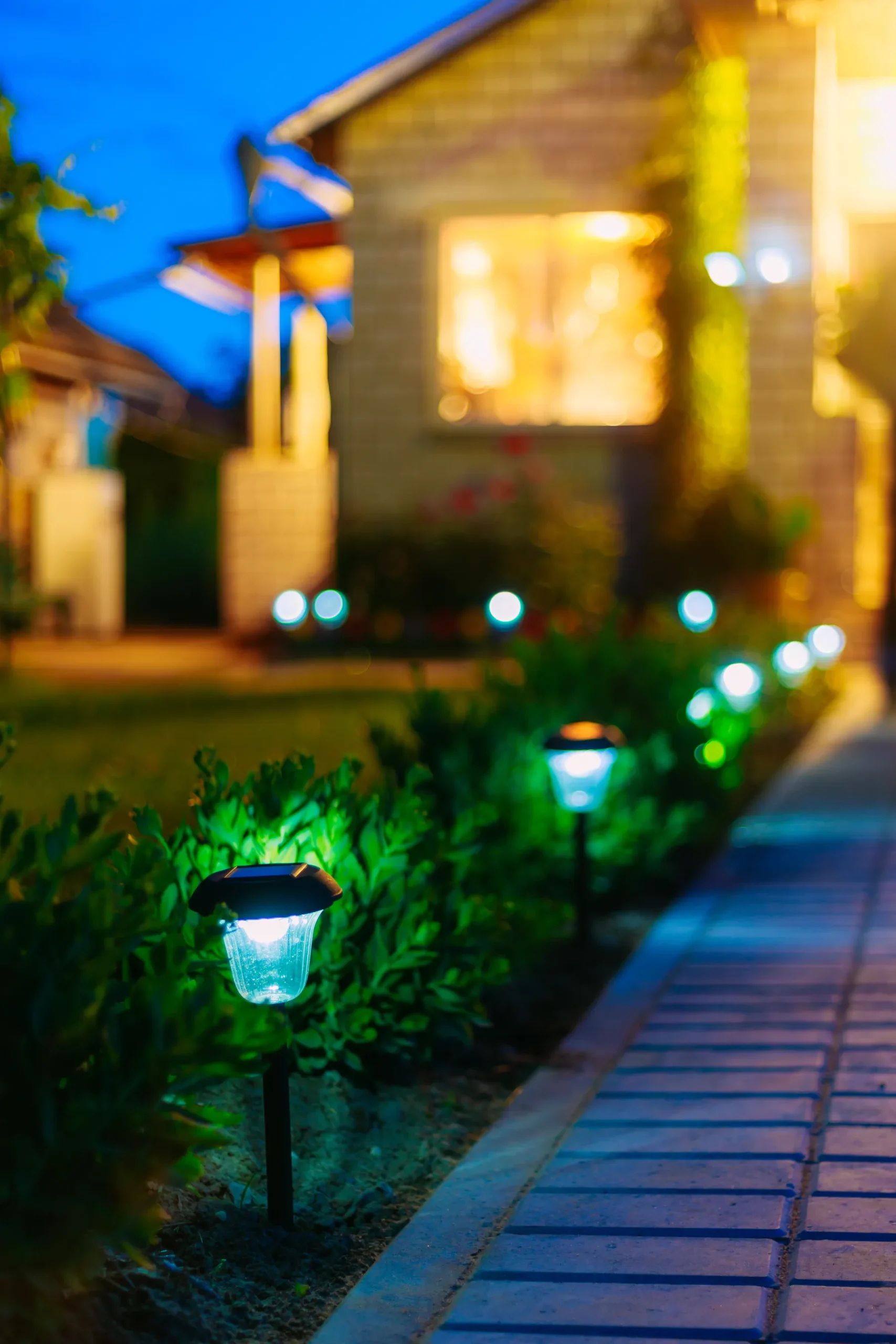 Row of lawn lamps lighting a walkway beside a house at night