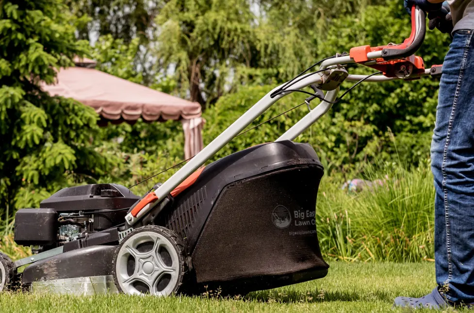 Lawn care worker pushing a black mower across a backyard lawn